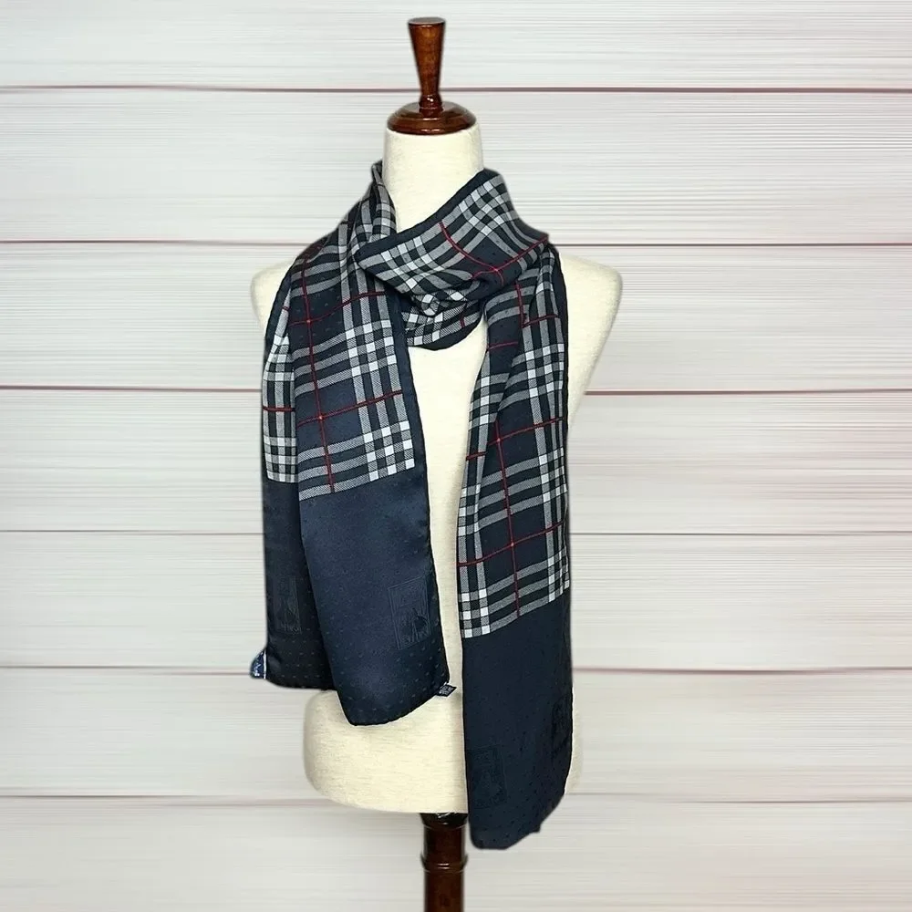 NWT Burberry Silk Oblong Scarf Navy Blue Nova Check Vintage Hand Rolled New